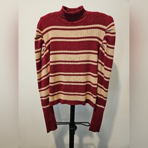 FOREVER 21 WOMEN'S RASPBERRY & CREME STRIPED SLIGHTLT CROPPED TURTLENECK SIZE L - Picture 1 of 10